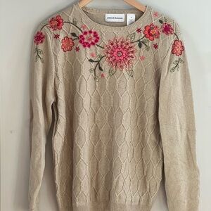 Alfred Dunner Cable Knit Sweater with Floral Beaded Emroided Design Grannycore